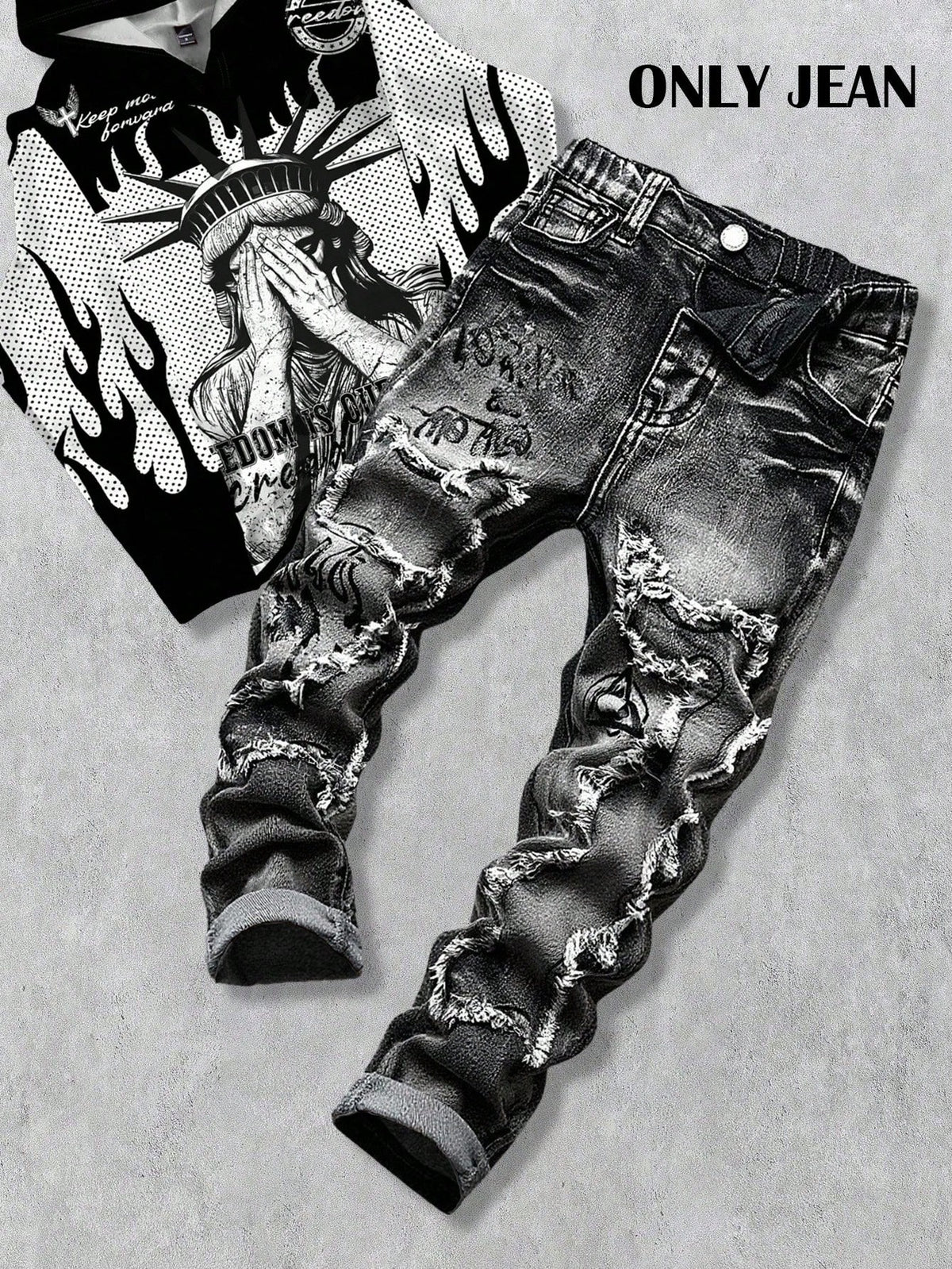 Bolty New Vintage Young Boy Fashion Casual Soft Splatter Paint Ripped Frayed Skinny Black Jeans Fall Winter,Casual And Versatile Fall/Winter Dailywear And Streetwear, Christmas, New Year,Thanksg