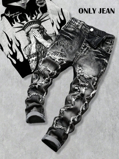 Bolty New Vintage Young Boy Fashion Casual Soft Splatter Paint Ripped Frayed Skinny Black Jeans Fall Winter,Casual And Versatile Fall/Winter Dailywear And Streetwear, Christmas, New Year,Thanksg