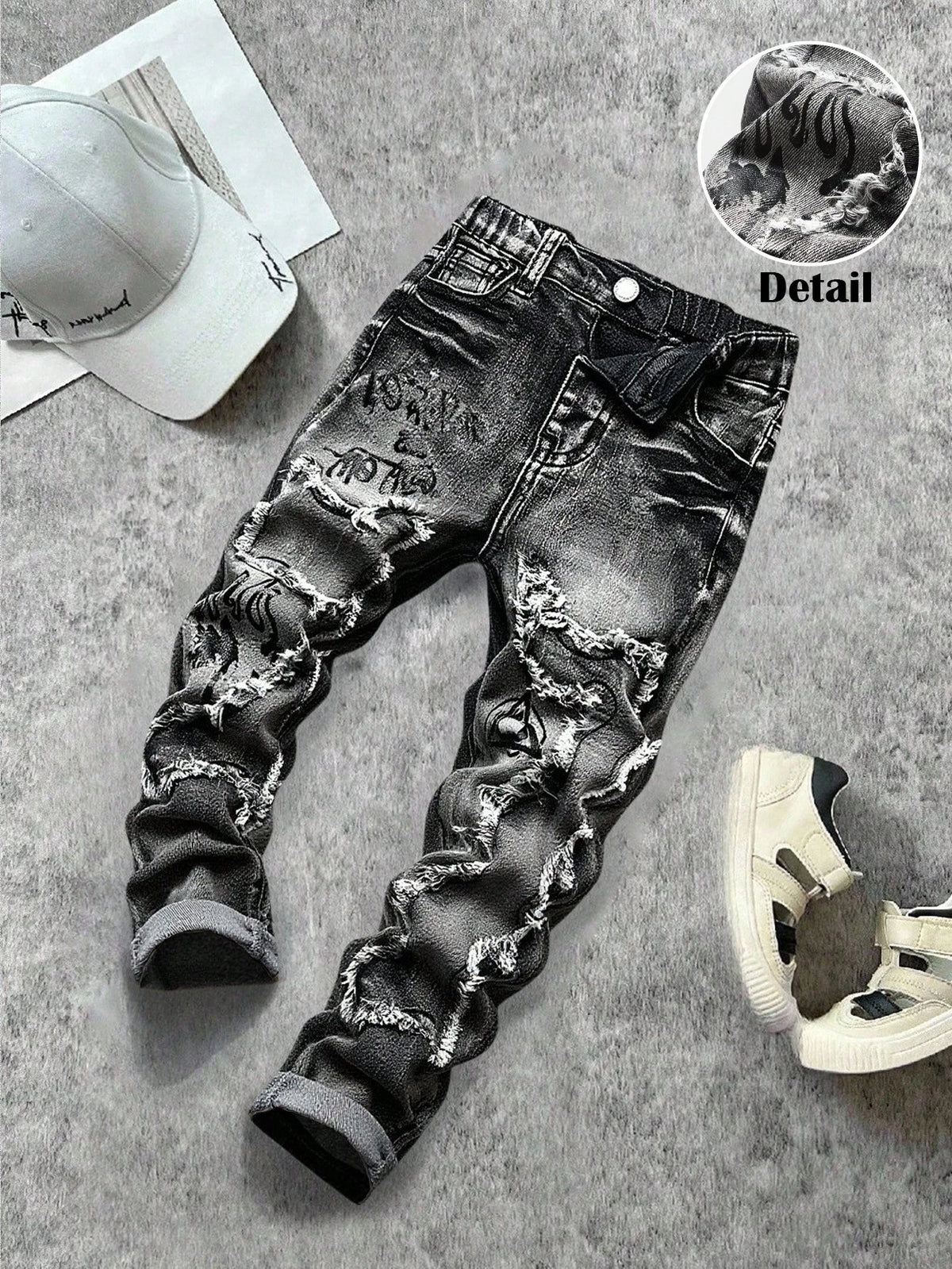 Bolty New Vintage Young Boy Fashion Casual Soft Splatter Paint Ripped Frayed Skinny Black Jeans Fall Winter,Casual And Versatile Fall/Winter Dailywear And Streetwear, Christmas, New Year,Thanksg