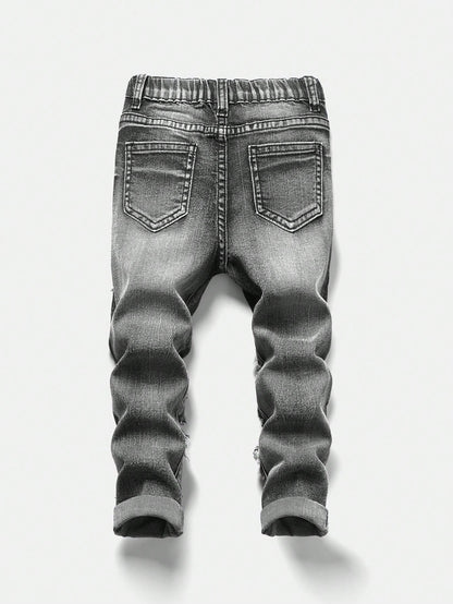 Bolty New Vintage Young Boy Fashion Casual Soft Splatter Paint Ripped Frayed Skinny Black Jeans Fall Winter,Casual And Versatile Fall/Winter Dailywear And Streetwear, Christmas, New Year,Thanksg