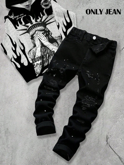 Bolty New Vintage Young Boy Fashion Casual Soft Splatter Paint Ripped Frayed Skinny Black Jeans Fall Winter,Casual And Versatile Fall/Winter Dailywear And Streetwear, Christmas, New Year,Thanksg