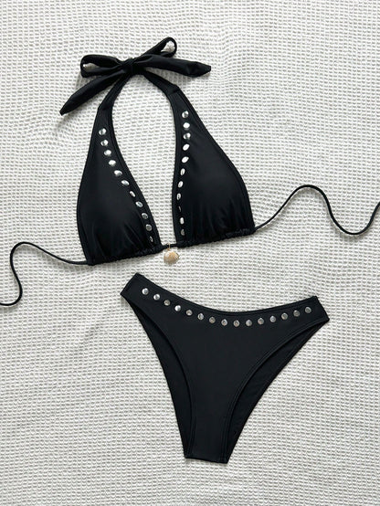 Bonvoyette 2026SS Spring/Summer Y2K Retro Sexy Black & Silver Metallic Foil Elegant Vacation Beach Seaside Casual Women's Swimsuit Set
