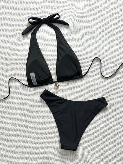Bonvoyette 2026SS Spring/Summer Y2K Retro Sexy Black & Silver Metallic Foil Elegant Vacation Beach Seaside Casual Women's Swimsuit Set