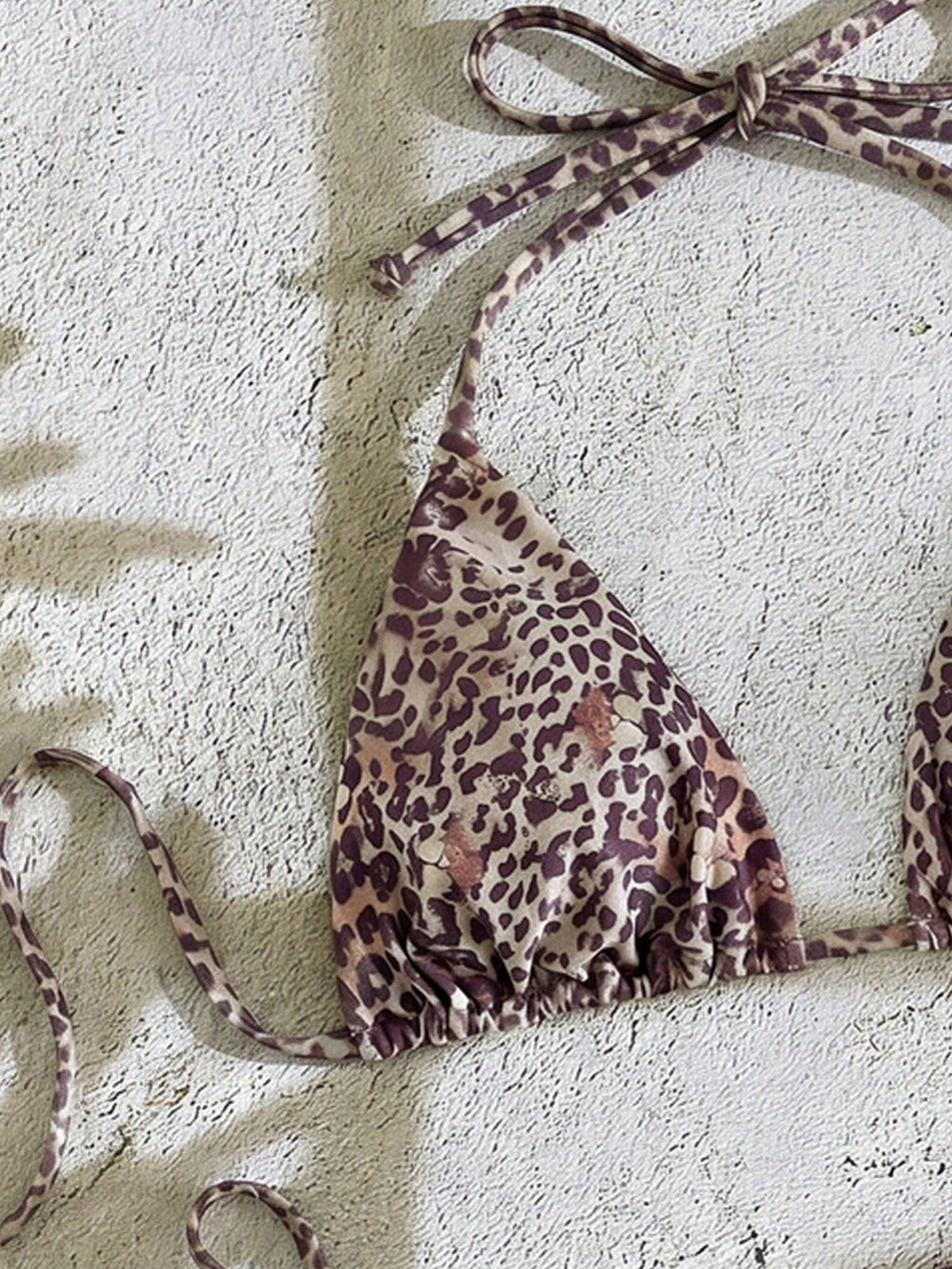 Bonvoyette 2pcs Leopard & Ditsy Floral Bikini Set,Halter Neck Tie Strap Triangle Top,Low Waist Bottoms,Beige Summer Casual Beach Holiday Vacation,Pool Party