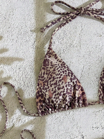 Bonvoyette 2pcs Leopard & Ditsy Floral Bikini Set,Halter Neck Tie Strap Triangle Top,Low Waist Bottoms,Beige Summer Casual Beach Holiday Vacation,Pool Party