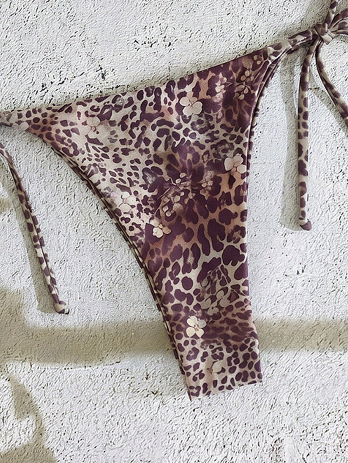 Bonvoyette 2pcs Leopard & Ditsy Floral Bikini Set,Halter Neck Tie Strap Triangle Top,Low Waist Bottoms,Beige Summer Casual Beach Holiday Vacation,Pool Party