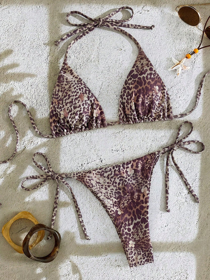 Bonvoyette 2pcs Leopard & Ditsy Floral Bikini Set,Halter Neck Tie Strap Triangle Top,Low Waist Bottoms,Beige Summer Casual Beach Holiday Vacation,Pool Party