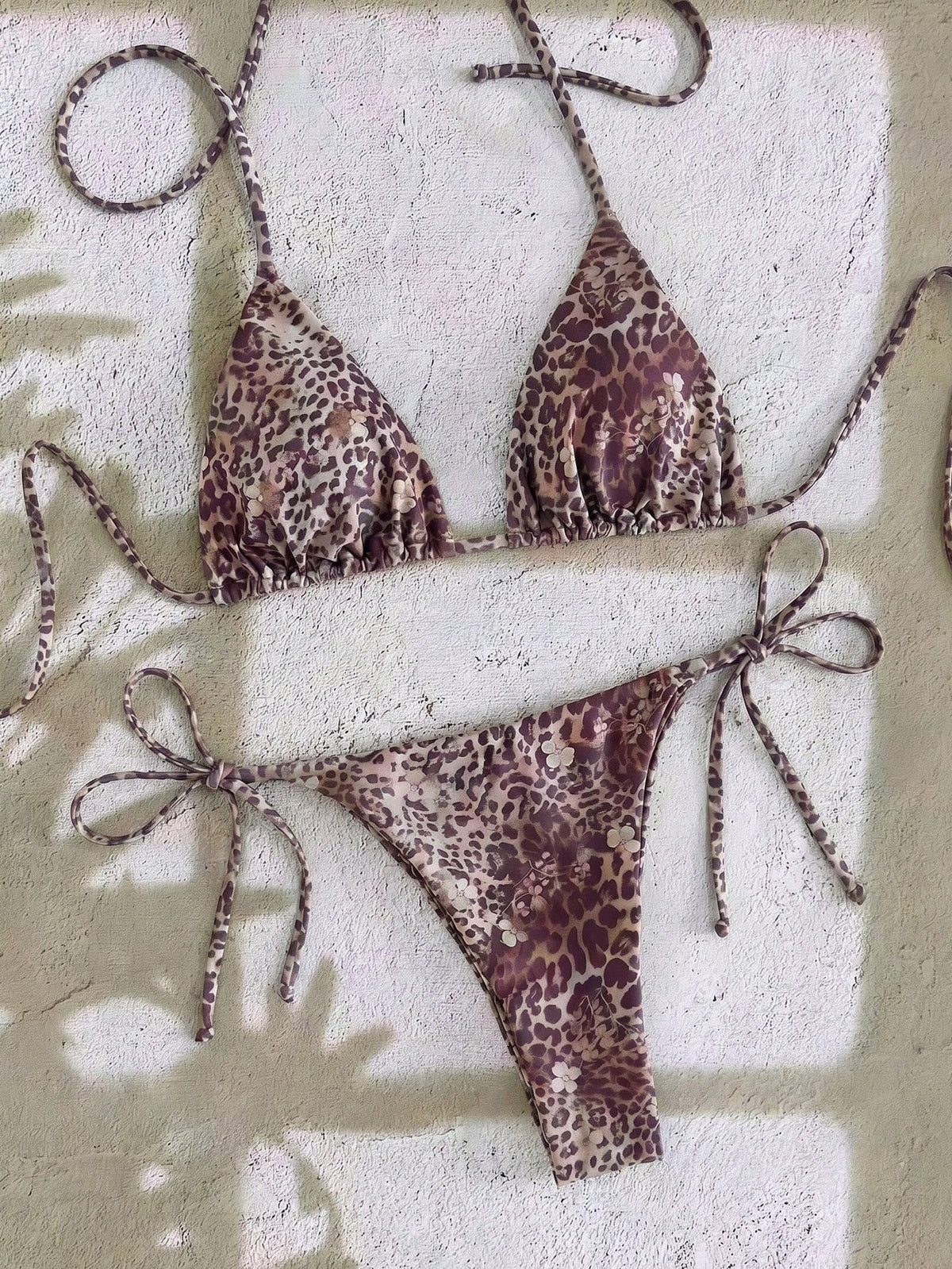 Bonvoyette 2pcs Leopard & Ditsy Floral Bikini Set,Halter Neck Tie Strap Triangle Top,Low Waist Bottoms,Beige Summer Casual Beach Holiday Vacation,Pool Party
