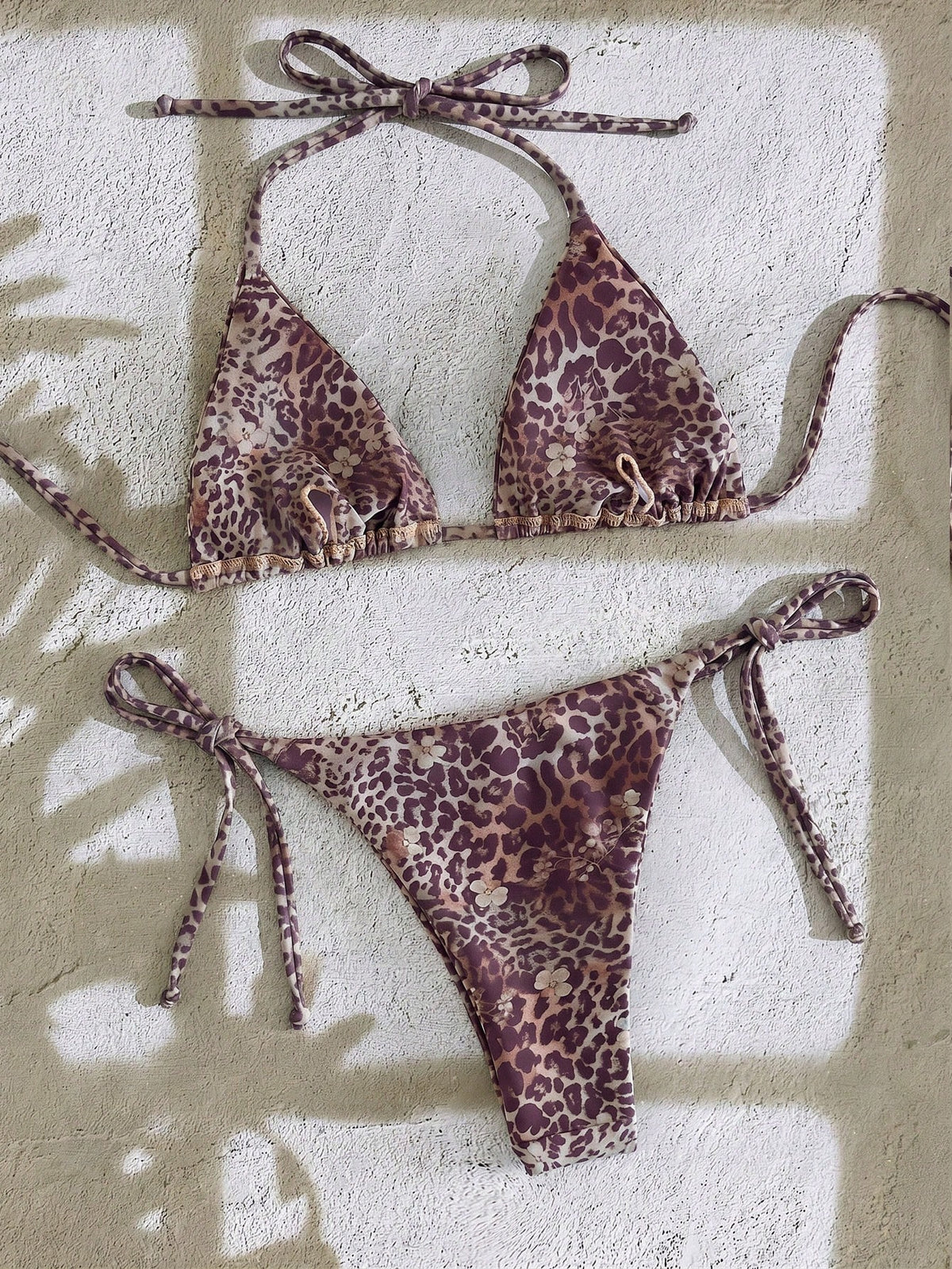 Bonvoyette 2pcs Leopard & Ditsy Floral Bikini Set,Halter Neck Tie Strap Triangle Top,Low Waist Bottoms,Beige Summer Casual Beach Holiday Vacation,Pool Party