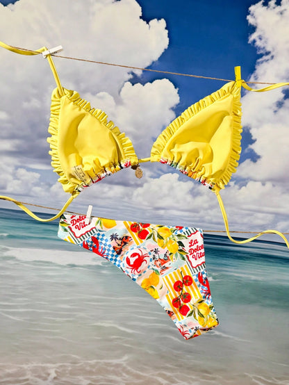 Bonvoyette 2pcs/Set Ocean Lemon Print Triangle Halter Ruffle Trim High Cut Bikini Bottoms With Tie Sides, Solid Waist Splice, Sexy & Cute Swimwear For Women