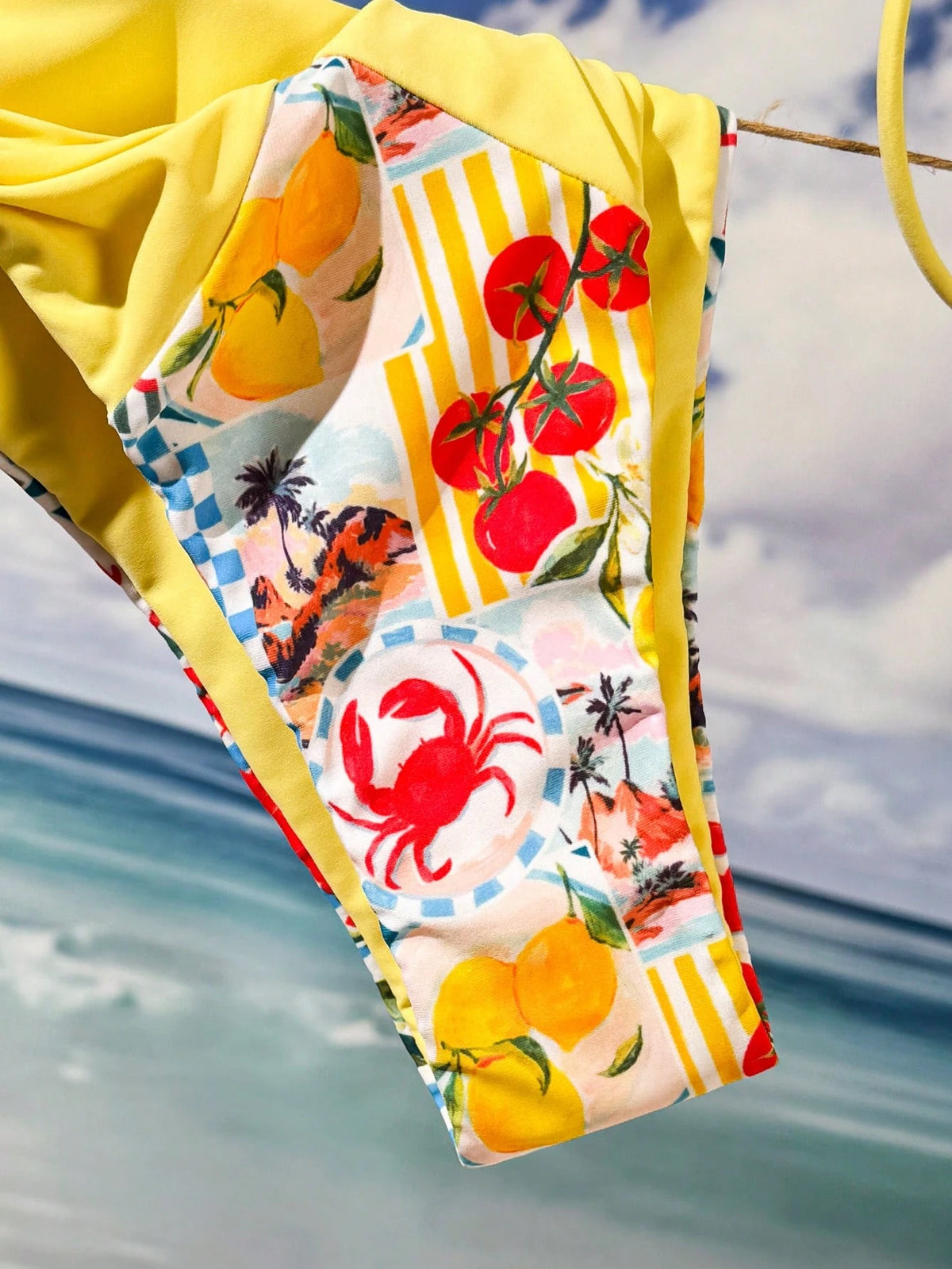 Bonvoyette 2pcs/Set Ocean Lemon Print Triangle Halter Ruffle Trim High Cut Bikini Bottoms With Tie Sides, Solid Waist Splice, Sexy & Cute Swimwear For Women