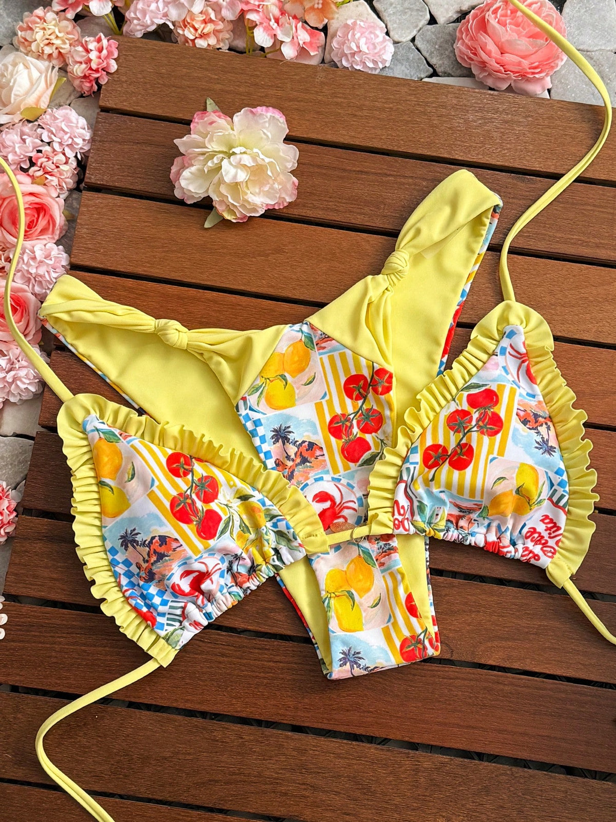Bonvoyette 2pcs/Set Ocean Lemon Print Triangle Halter Ruffle Trim High Cut Bikini Bottoms With Tie Sides, Solid Waist Splice, Sexy & Cute Swimwear For Women