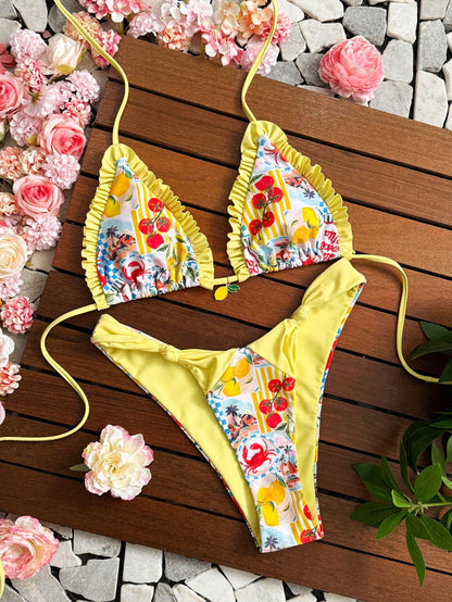 Bonvoyette 2pcs/Set Ocean Lemon Print Triangle Halter Ruffle Trim High Cut Bikini Bottoms With Tie Sides, Solid Waist Splice, Sexy & Cute Swimwear For Women