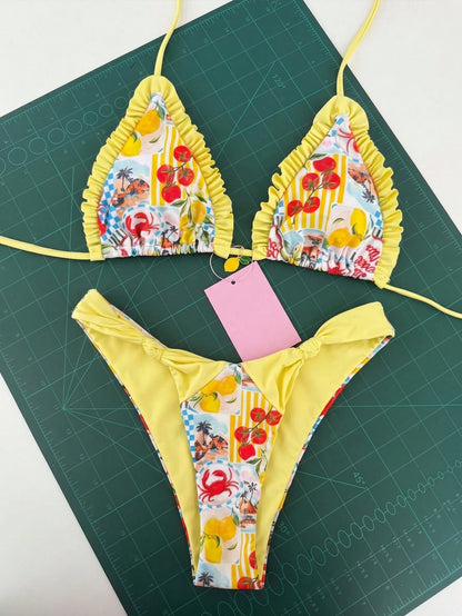 Bonvoyette 2pcs/Set Ocean Lemon Print Triangle Halter Ruffle Trim High Cut Bikini Bottoms With Tie Sides, Solid Waist Splice, Sexy & Cute Swimwear For Women