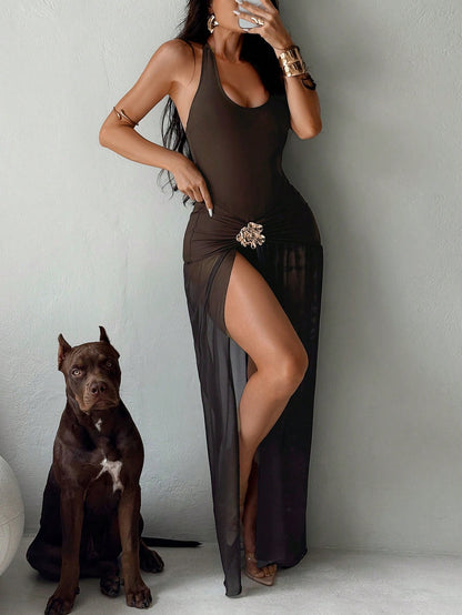 Bonvoyette 2pcs/Set Solid Color Women Holiday Metal Accessory Halter Crop Top & Skirt Suit