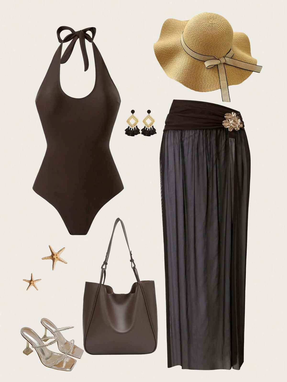 Bonvoyette 2pcs/Set Solid Color Women Holiday Metal Accessory Halter Crop Top & Skirt Suit