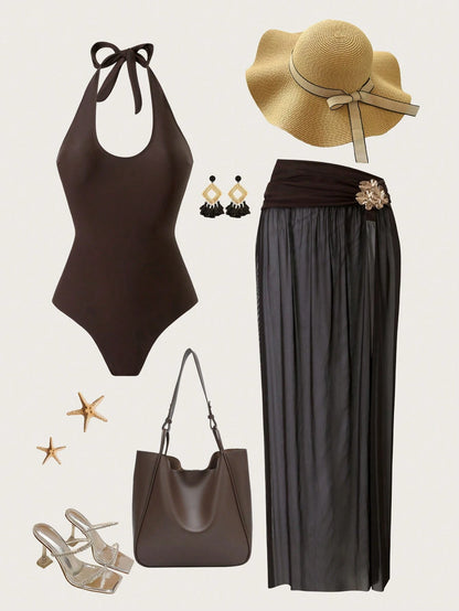 Bonvoyette 2pcs/Set Solid Color Women Holiday Metal Accessory Halter Crop Top & Skirt Suit
