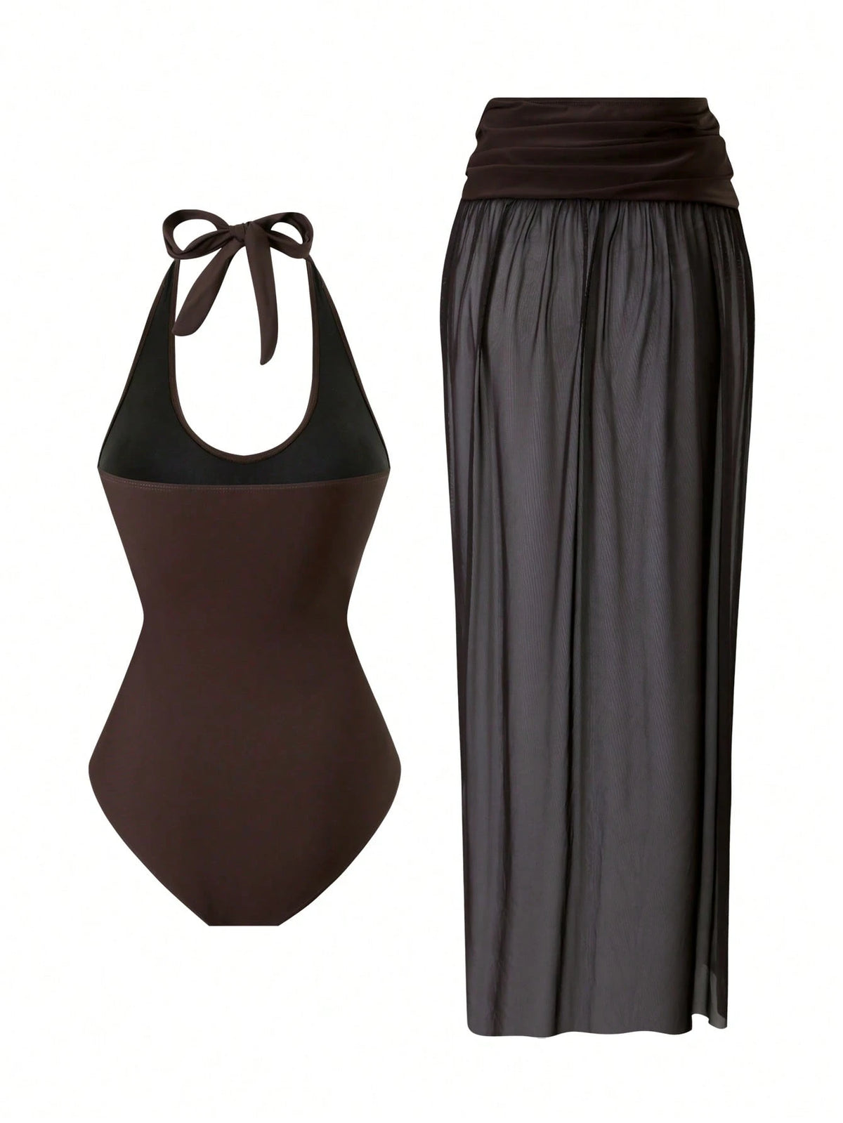 Bonvoyette 2pcs/Set Solid Color Women Holiday Metal Accessory Halter Crop Top & Skirt Suit