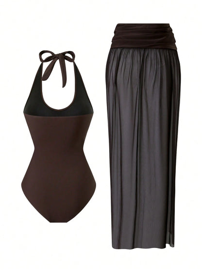 Bonvoyette 2pcs/Set Solid Color Women Holiday Metal Accessory Halter Crop Top & Skirt Suit