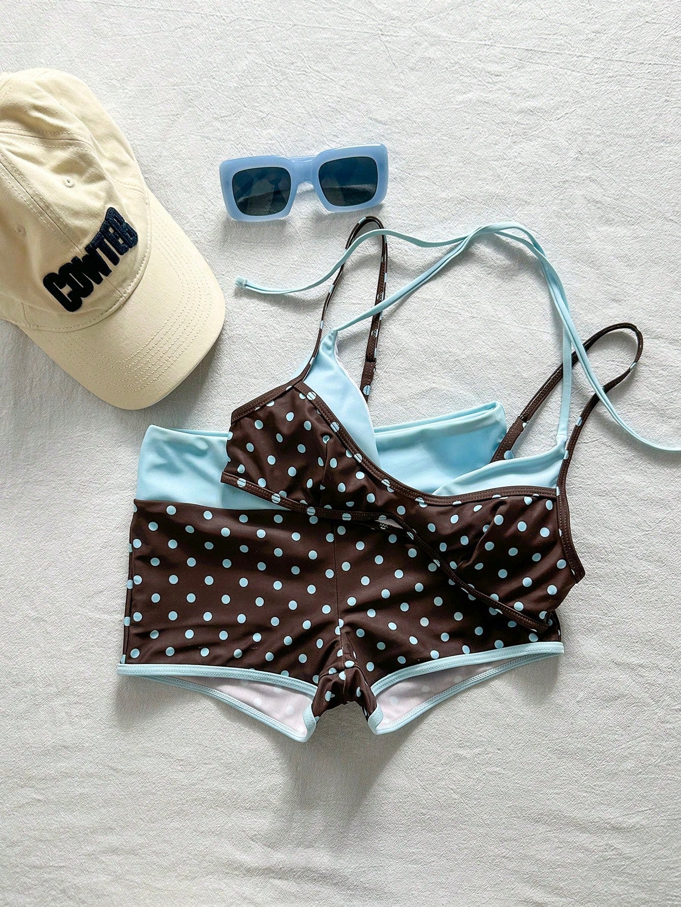 Bonvoyette 2pcs Women's Brown And Blue Polka Dot Bikini Set,80s Vintage Swimsuits With Swimshorts For Summer,Boho Beach Vacation,Holiday Beachwear Outfit