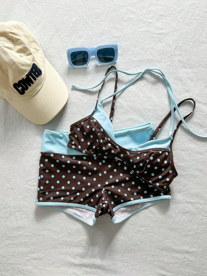 Bonvoyette 2pcs Women's Brown And Blue Polka Dot Bikini Set,80s Vintage Swimsuits With Swimshorts For Summer,Boho Beach Vacation,Holiday Beachwear Outfit