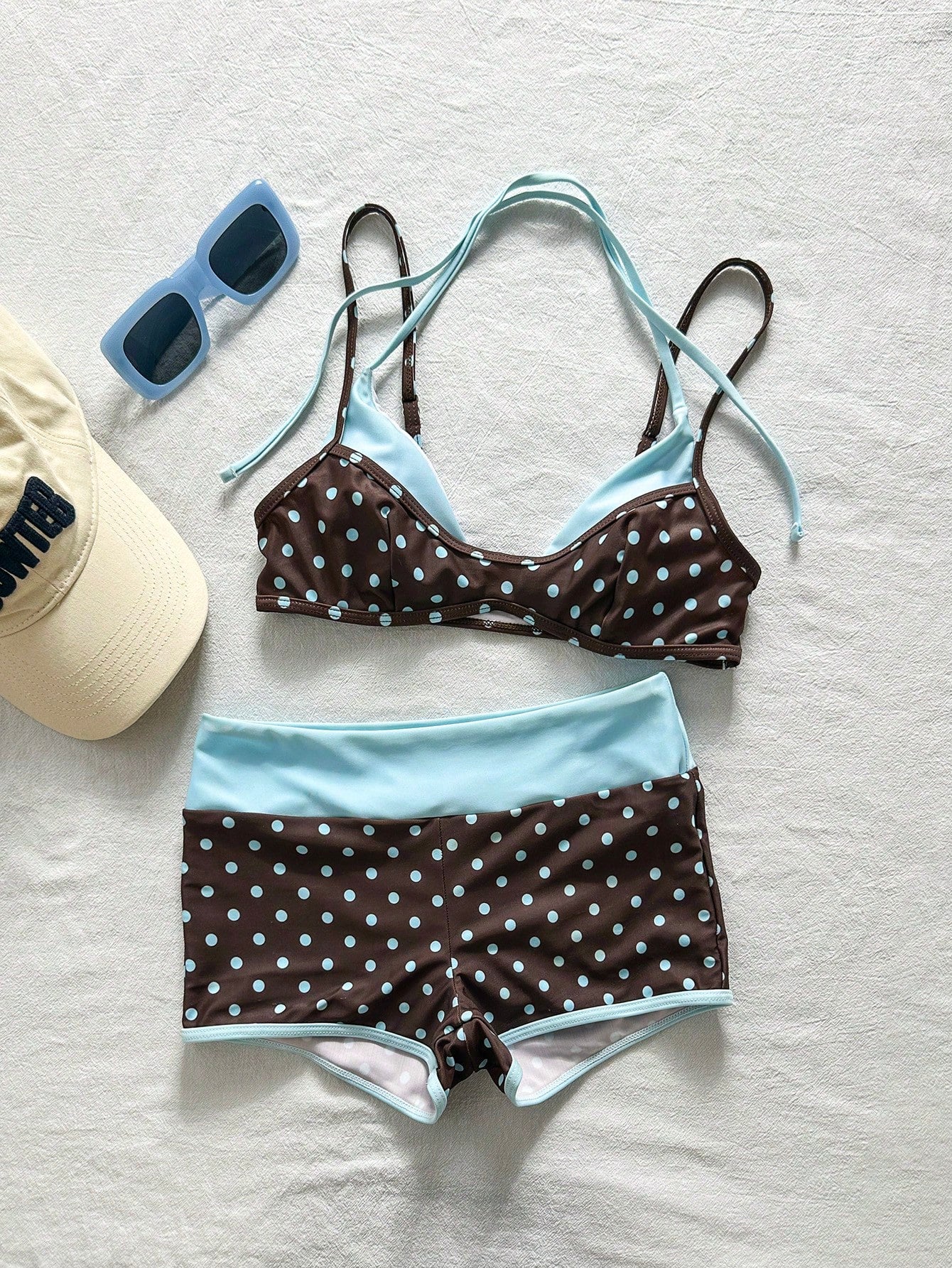 Bonvoyette 2pcs Women's Brown And Blue Polka Dot Bikini Set,80s Vintage Swimsuits With Swimshorts For Summer,Boho Beach Vacation,Holiday Beachwear Outfit