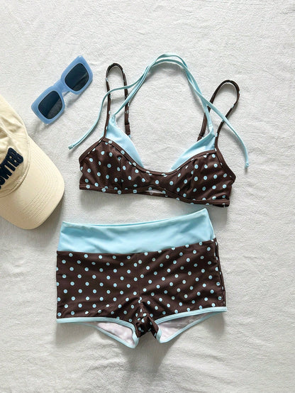 Bonvoyette 2pcs Women's Brown And Blue Polka Dot Bikini Set,80s Vintage Swimsuits With Swimshorts For Summer,Boho Beach Vacation,Holiday Beachwear Outfit