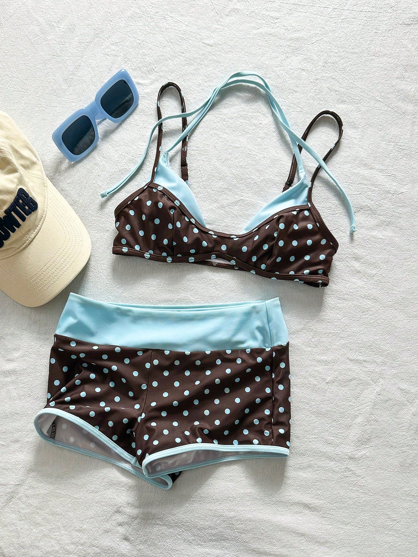 Bonvoyette 2pcs Women's Brown And Blue Polka Dot Bikini Set,80s Vintage Swimsuits With Swimshorts For Summer,Boho Beach Vacation,Holiday Beachwear Outfit