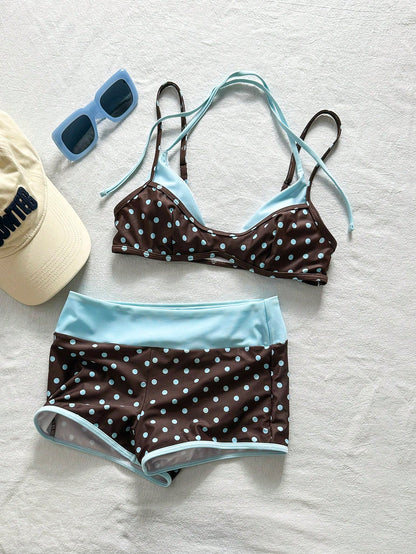 Bonvoyette 2pcs Women's Brown And Blue Polka Dot Bikini Set,80s Vintage Swimsuits With Swimshorts For Summer,Boho Beach Vacation,Holiday Beachwear Outfit