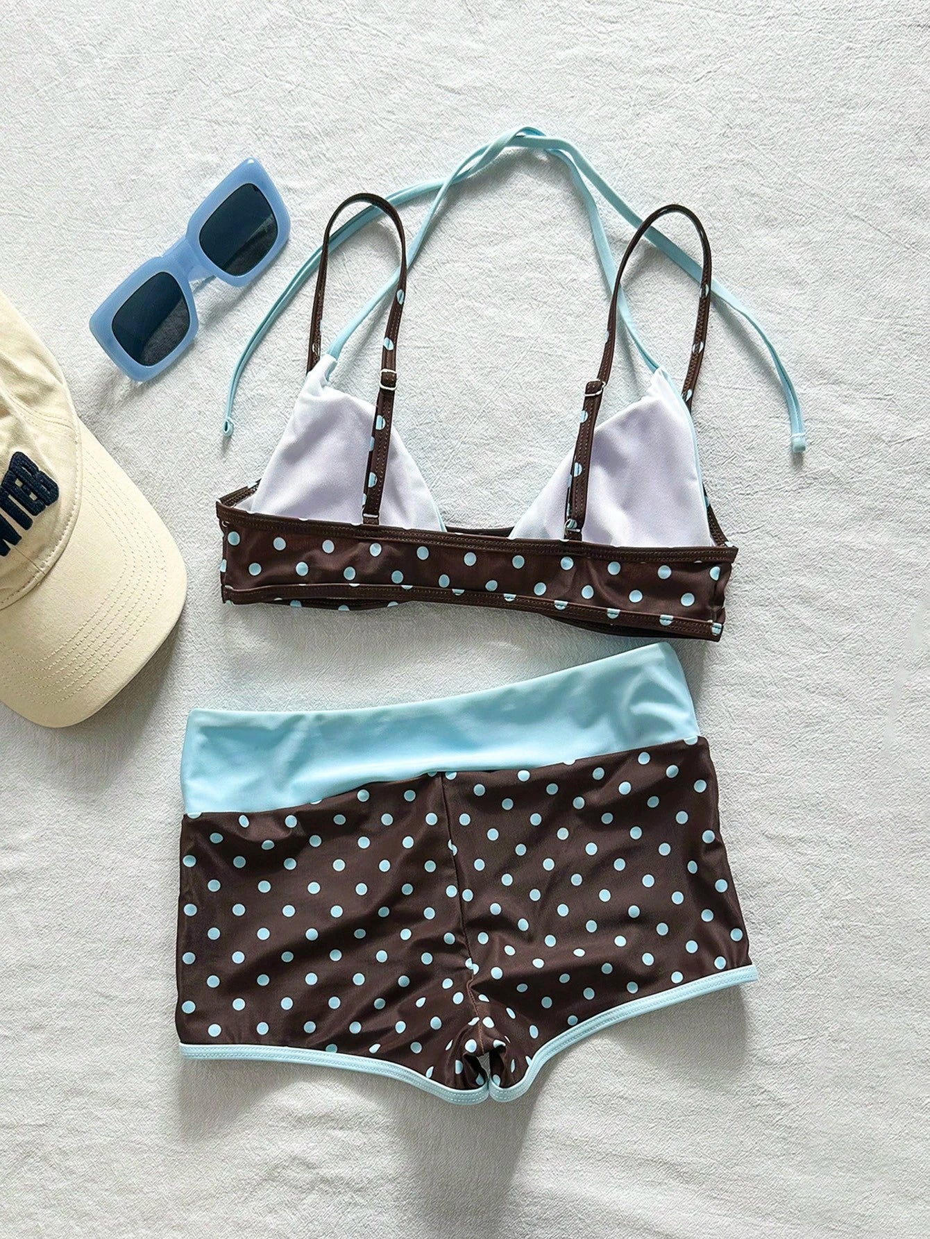 Bonvoyette 2pcs Women's Brown And Blue Polka Dot Bikini Set,80s Vintage Swimsuits With Swimshorts For Summer,Boho Beach Vacation,Holiday Beachwear Outfit