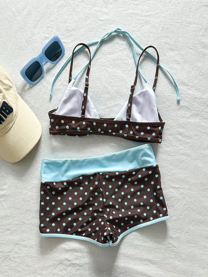 Bonvoyette 2pcs Women's Brown And Blue Polka Dot Bikini Set,80s Vintage Swimsuits With Swimshorts For Summer,Boho Beach Vacation,Holiday Beachwear Outfit