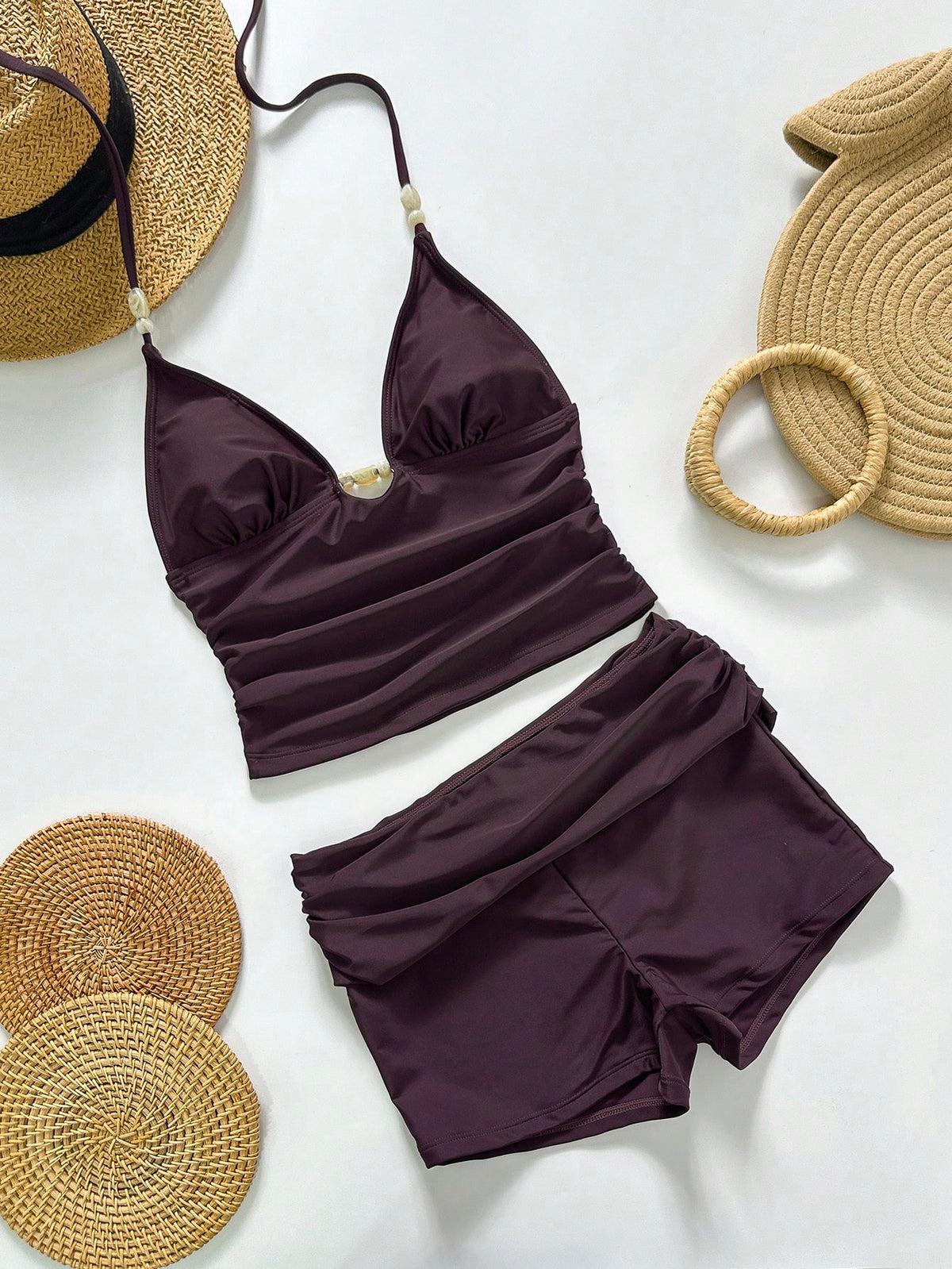 Bonvoyette 2pcs Women's Dark Beige Tankini Beachwear,Summer Casual Holiday Vacation Holiday Beach Push Up Bra Camisole Two-Pieces Vintage Brown Skirt Gym Style