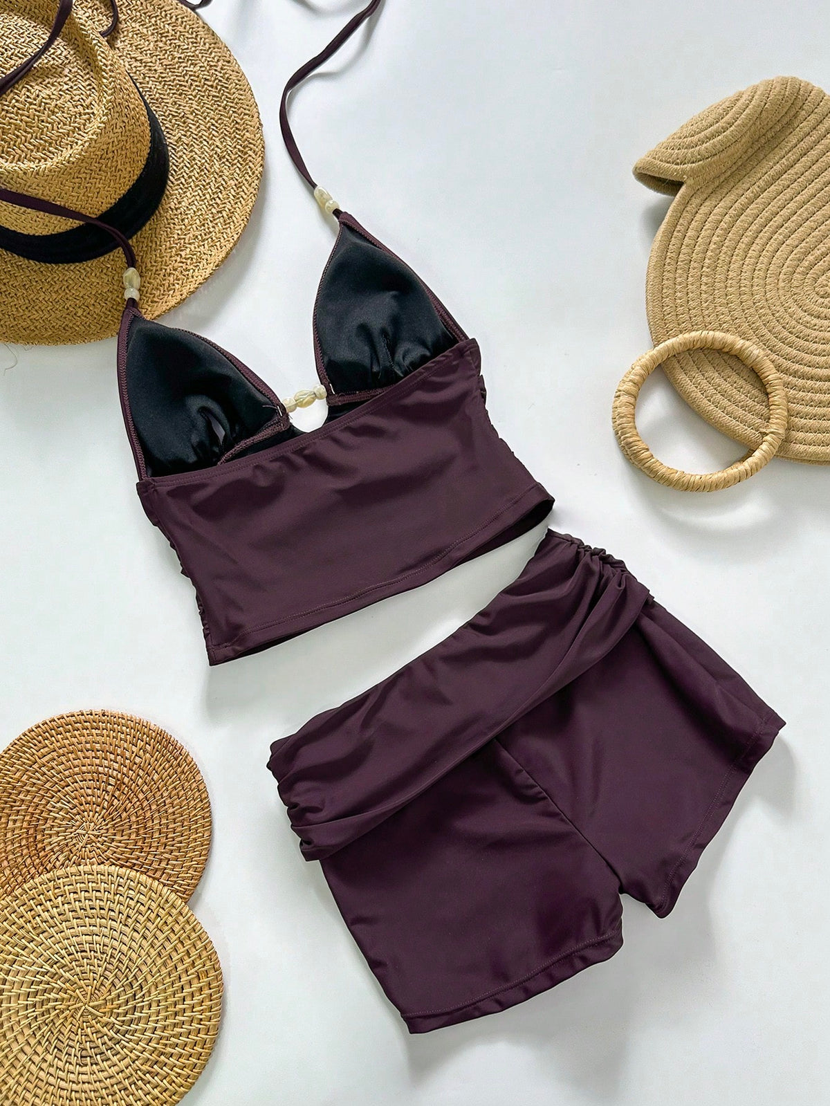 Bonvoyette 2pcs Women's Dark Beige Tankini Beachwear,Summer Casual Holiday Vacation Holiday Beach Push Up Bra Camisole Two-Pieces Vintage Brown Skirt Gym Style