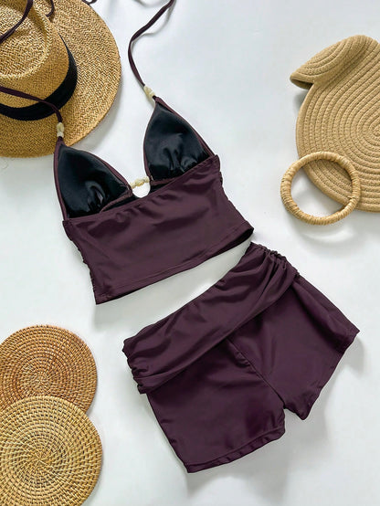 Bonvoyette 2pcs Women's Dark Beige Tankini Beachwear,Summer Casual Holiday Vacation Holiday Beach Push Up Bra Camisole Two-Pieces Vintage Brown Skirt Gym Style