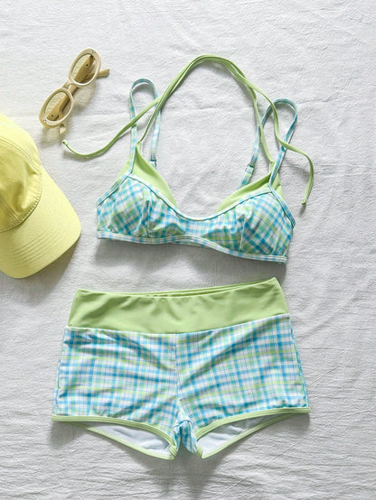 Bonvoyette 2pcs Women's Swimwear Bikini, Blue Yellow Graphic Polka Dot Striped Swimshorts For Boho Vacation,Bohemian, Gym Outfit Chill Y2K Vintage Casual Cute Sweet Retro Beach Women Swimwear Set Swi