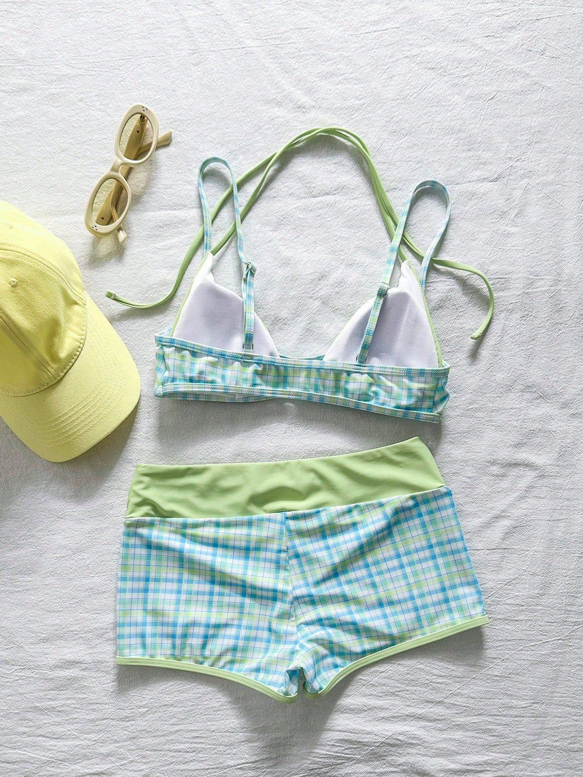 Bonvoyette 2pcs Women's Swimwear Bikini, Blue Yellow Graphic Polka Dot Striped Swimshorts For Boho Vacation,Bohemian, Gym Outfit Chill Y2K Vintage Casual Cute Sweet Retro Beach Women Swimwear Set Swi
