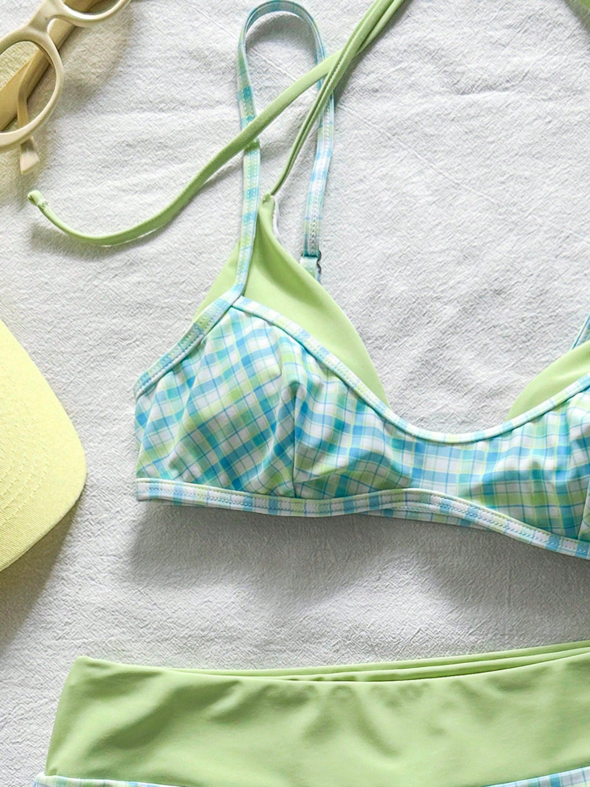 Bonvoyette 2pcs Women's Swimwear Bikini, Blue Yellow Graphic Polka Dot Striped Swimshorts For Boho Vacation,Bohemian, Gym Outfit Chill Y2K Vintage Casual Cute Sweet Retro Beach Women Swimwear Set Swi