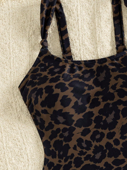 Bonvoyette Ladies' Spring And Summer Beach Leopard Print Knotted Fashionable And Elegant One-Piece Swimsuit