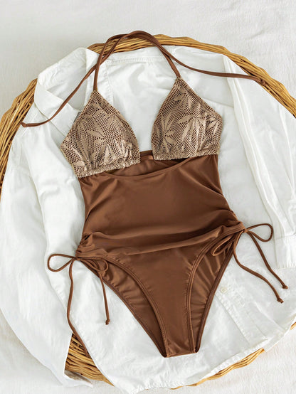 Bonvoyette New Spring/Summer Women's One-Piece Swimsuit, Sexy Casual Vacation Beach Hollow Out Elegant Lace Solid Black Halter Tie Beachwear One-Piece Swimsuit