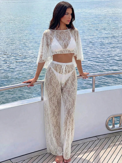 Bonvoyette Spring/Summer Vacation Lace Sheer Cropped Top And Drawstring Waist Pants 2 Pieces Set Beach White Sexy