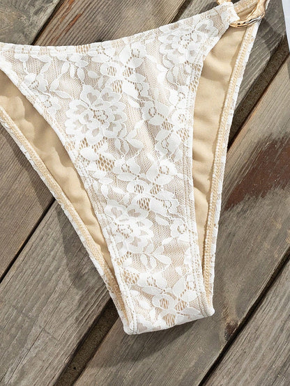 Bonvoyette Women's Sexy Halter Lace Metal Ring Two Pieces Swimwear, Elegant Romantic Beach Vacation Swimwear Set, Spring/Summer