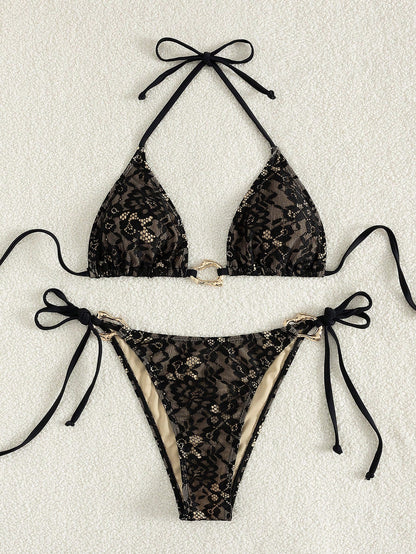 Bonvoyette Women's Sexy Halter Lace Metal Ring Two Pieces Swimwear, Elegant Romantic Beach Vacation Swimwear Set, Spring/Summer