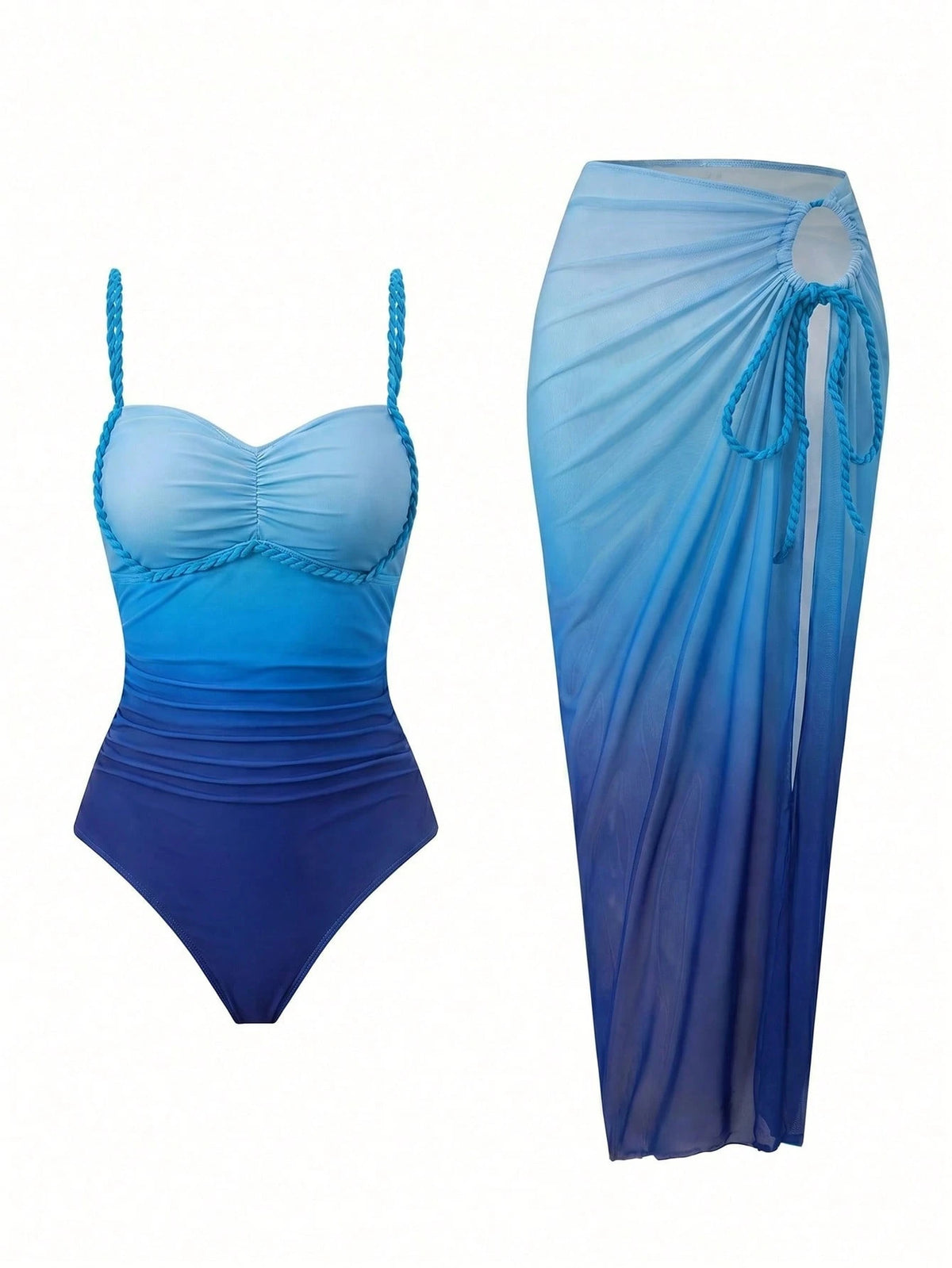 Bonvoyette Women's Sexy Ombre Digital Print One-Piece Swimsuit With Gradient Mesh Skirt, Suitable For Beach Vacation In Spring, Summer And Autumn
