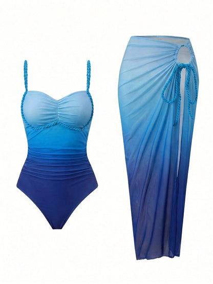 Bonvoyette Women's Sexy Ombre Digital Print One-Piece Swimsuit With Gradient Mesh Skirt, Suitable For Beach Vacation In Spring, Summer And Autumn