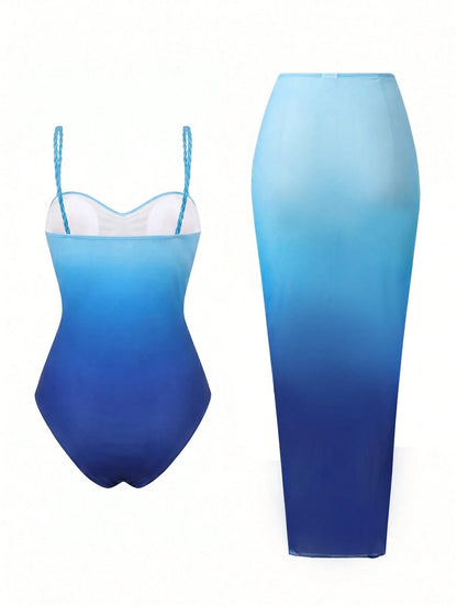 Bonvoyette Women's Sexy Ombre Digital Print One-Piece Swimsuit With Gradient Mesh Skirt, Suitable For Beach Vacation In Spring, Summer And Autumn