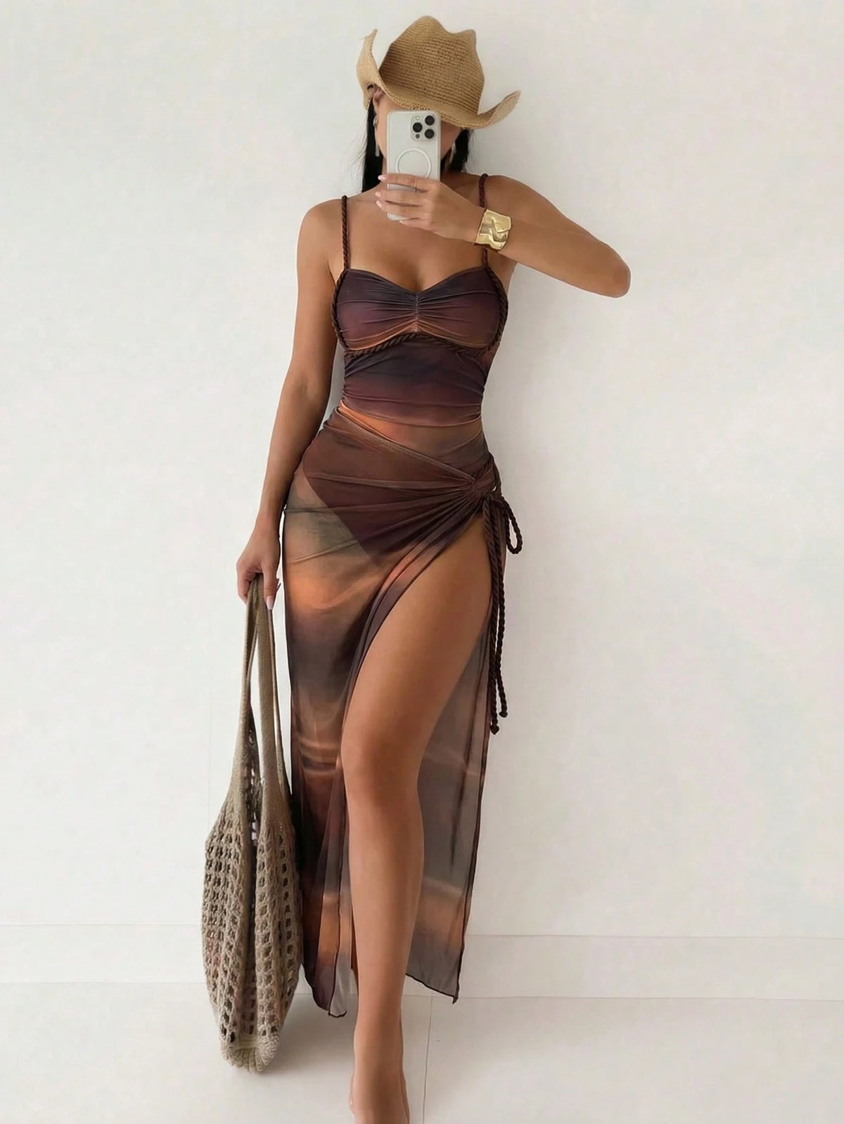 Bonvoyette Women's Sexy Ombre Digital Print One-Piece Swimsuit With Gradient Mesh Skirt, Suitable For Beach Vacation In Spring, Summer And Autumn