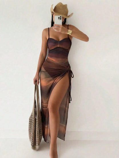 Bonvoyette Women's Sexy Ombre Digital Print One-Piece Swimsuit With Gradient Mesh Skirt, Suitable For Beach Vacation In Spring, Summer And Autumn