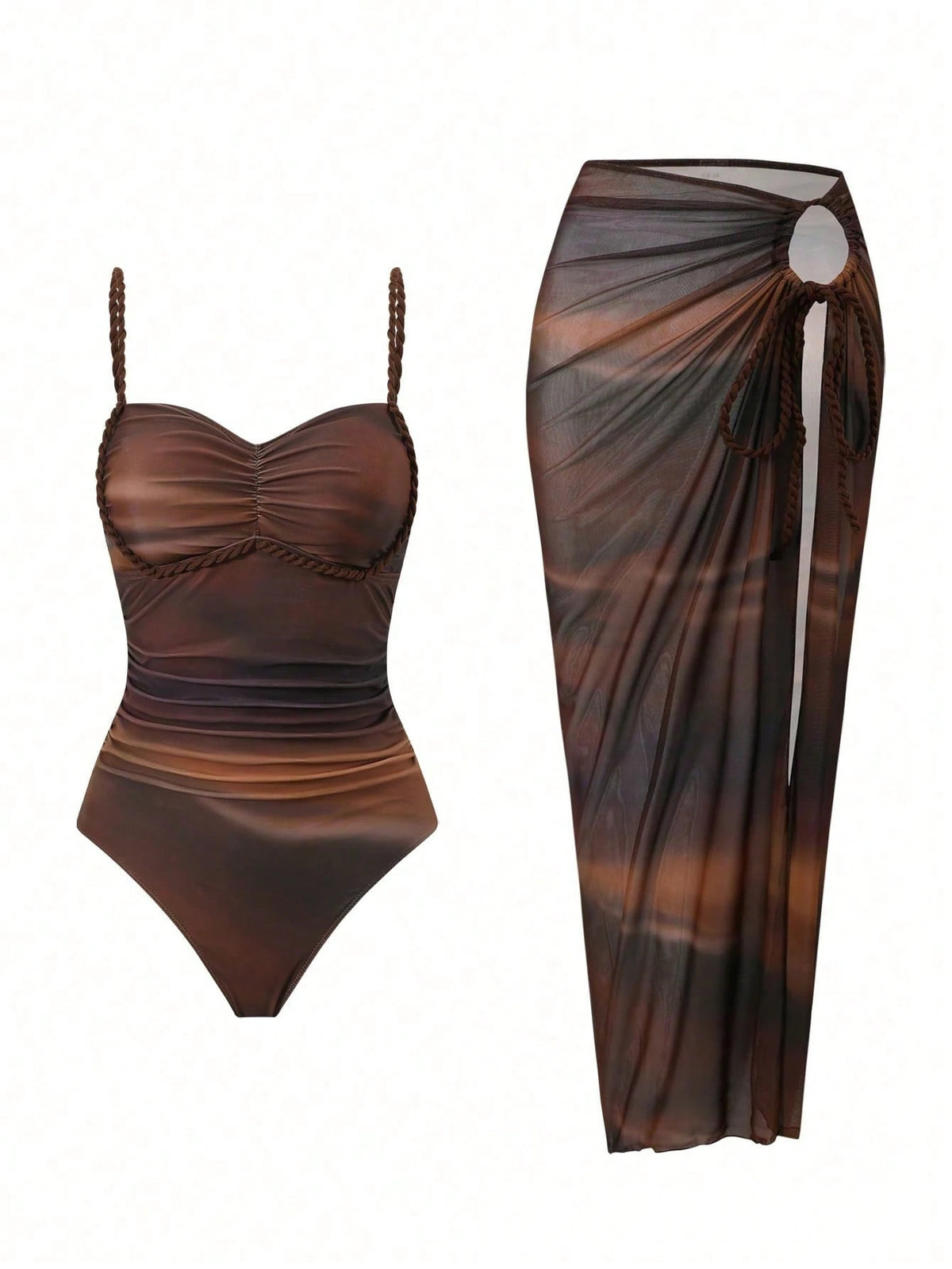Bonvoyette Women's Sexy Ombre Digital Print One-Piece Swimsuit With Gradient Mesh Skirt, Suitable For Beach Vacation In Spring, Summer And Autumn