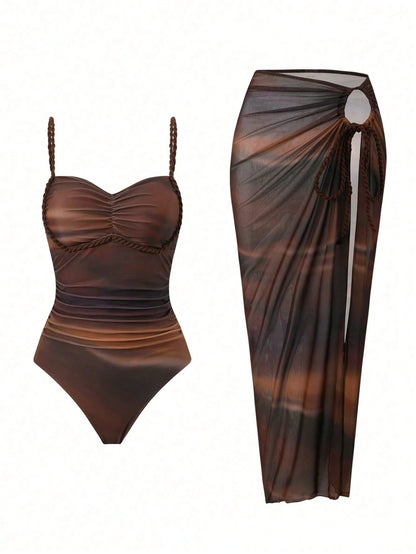 Bonvoyette Women's Sexy Ombre Digital Print One-Piece Swimsuit With Gradient Mesh Skirt, Suitable For Beach Vacation In Spring, Summer And Autumn