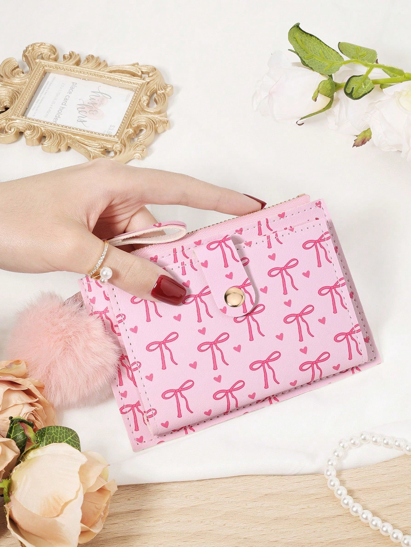 Bow Print Wallet With Fur Ball Keychain Zip 2-Fold Purse Multiple Card Slots Coin Cash Compartment Unisex Daily Use Travel Gifting Card Holder